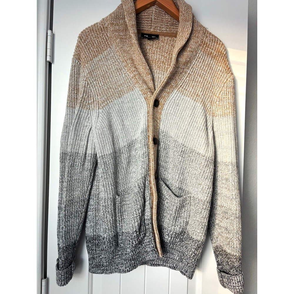 Express Mens L Colorblock Rib Knit Shawl Collar Button Cardigan Sweater Pockets